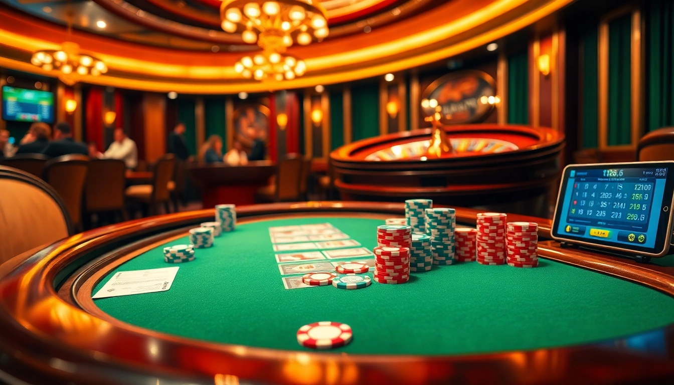 Experience the thrill of tt88 in a luxurious casino setting with poker tables, chips, and a roulette wheel.